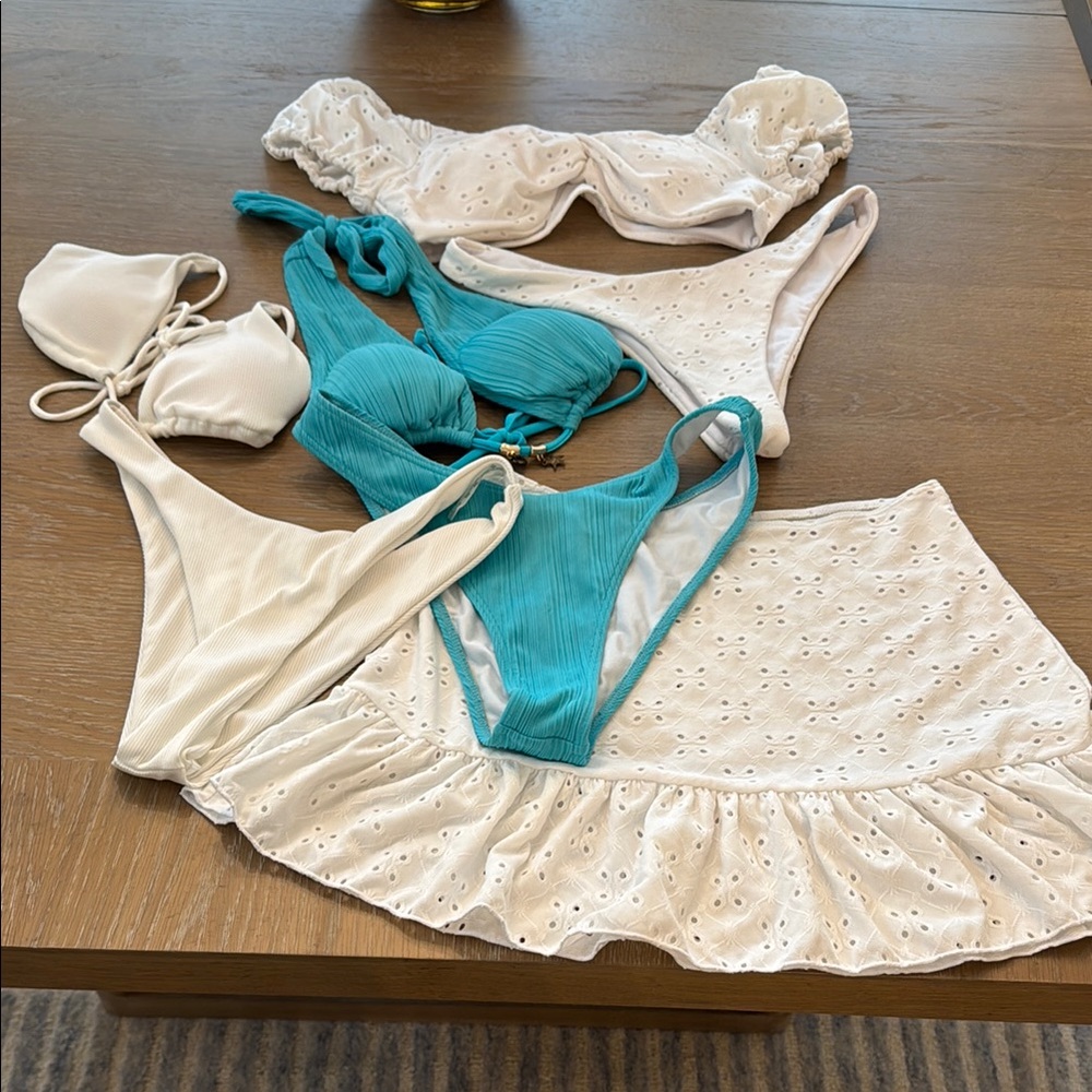 3 Women's Bikini's with cover up skirt White Turquoise Eyelet Medium Charms CUTE